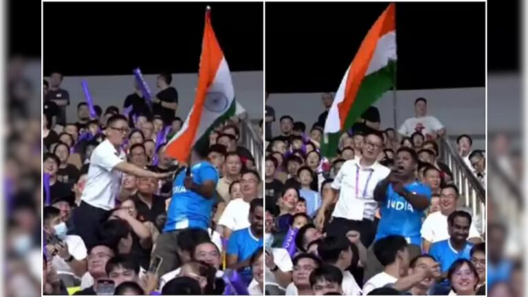 এশিয়ান গেমসে ভারতীয় ফ্যানকে জাতীয় পতাকা ওড়ানোয় বাধা! চিনা স্বেচ্ছাসেবককে পাত্তা না দিয়ে দাপটের সঙ্গে ওড়ালেন তেরঙা Asian Games 2023 Controversy Fan waving Indian Flag during India vs China football Match stadium official asked him to stop and sit down see viral video sup